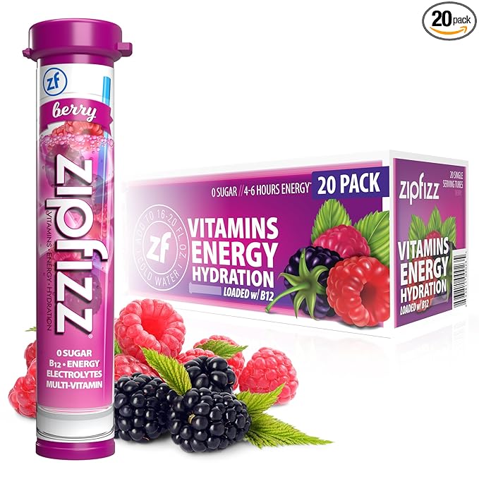 Zipfizz Daily Energy Drink Powder, Berry, 20 Pack | 3-in-1 Sustained Energy, Rapid Hydration, and Essential Vitamins | Sugar-Free | Electrolyte Powder | Contains Vitamin B-12 & Antioxidants