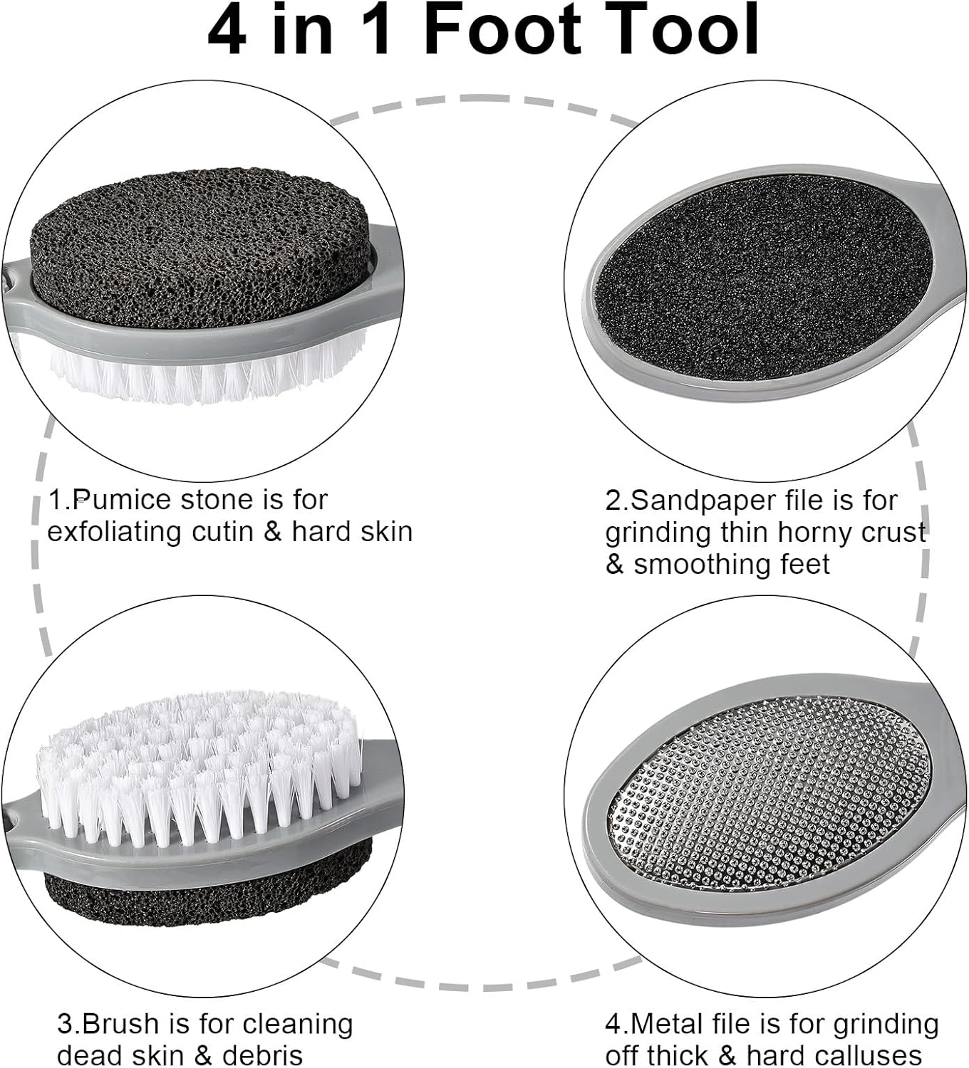 Pumice Stone Brush for Feet 4 in 1, Foot File Callus Remover, Foot Rasp and Sand Paper Pedicure Tools with Handle, Shower Foot Scrubber, Soft Smooth Feet for Home Foot Care,2 Pack