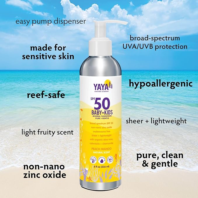 YAYA ORGANICS Baby + Kids Mineral Sunscreen Lotion, SPF 50, Reef-Friendly, Non-Nano Zinc Oxide, Water-Resistant, Hypoallergenic, Pure + Gentle for delicate skin, 8 oz