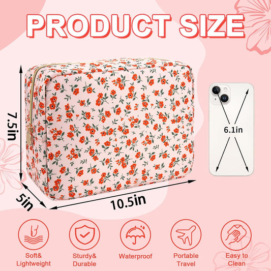 Waterproof Large Floral Makeup Pouch,Nylon Travel Toiletry Storage Purse Preppy Cosmetic Bag for Women Girl,Large Capacity Makeup Organizer Zipper Pouch for Work(L Pink-Flowers)