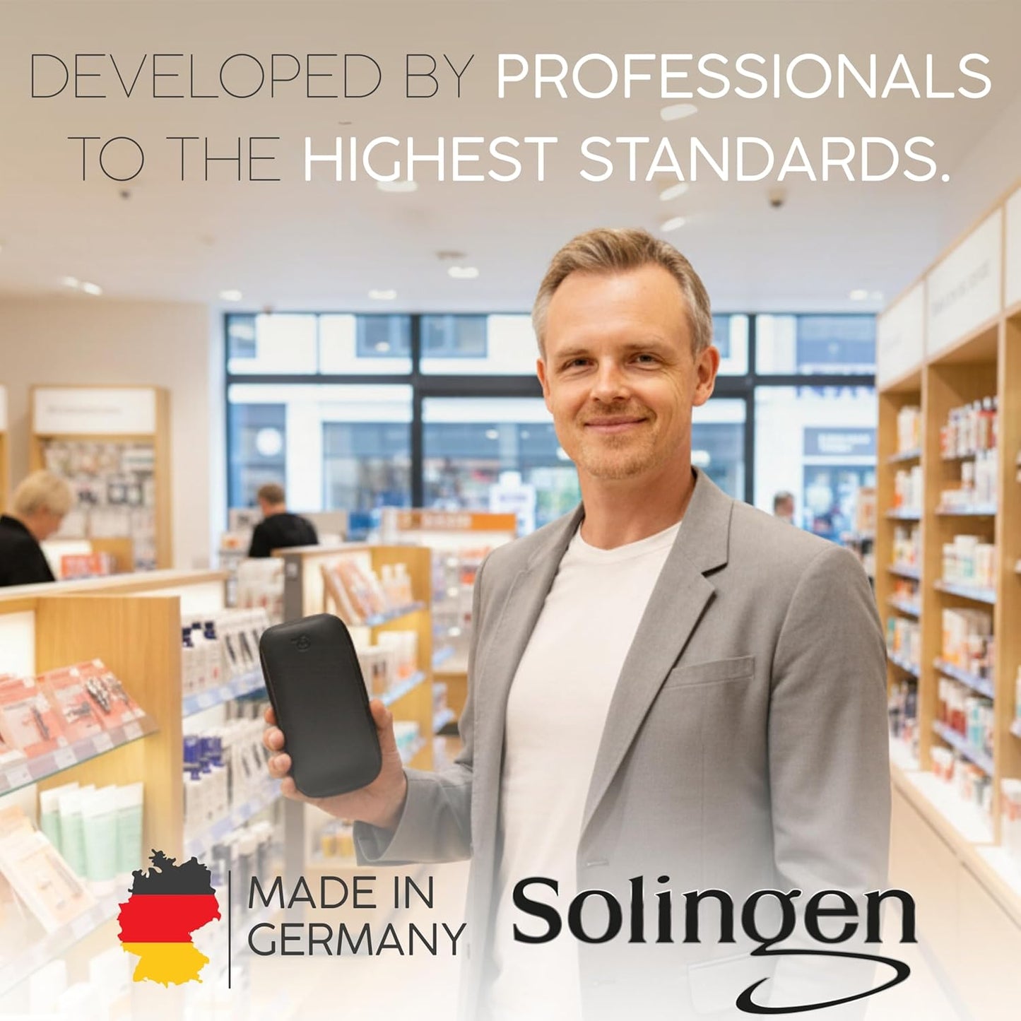 Manicure Set Solingen Made in Germany - 7 Piece Exclusive Finger & Toe Nail Clippers Kit for Women and Men in Real Leather Case, Color Black