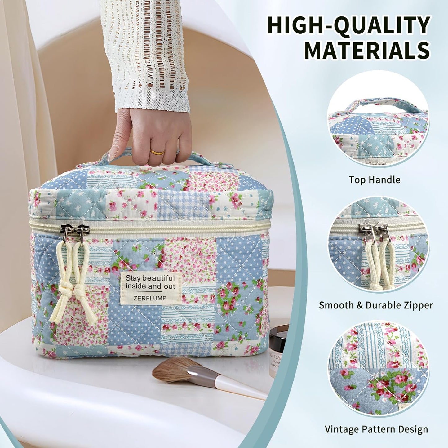 Cute Quilted Floral Makeup Bag(3Pcs)，Coquette Aesthetic Cosmetic Bag，Travel Toiletry Bags， Kawaii Aesthetic pouch for Women (64-GridRose)