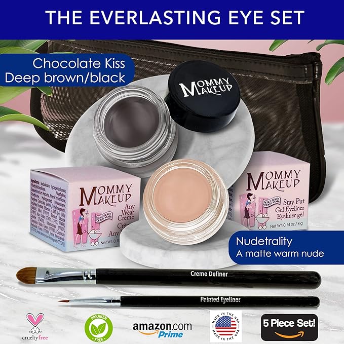 The Everlasting Eye 5 Piece Waterproof Makeup Set. Gel Eyeliner, Creme Eyeshadow, 2 brushes and Mesh Bag. Paraben-free, Talc-free, Cruelty-free. Nudetrality/Chocolate Kiss 2402