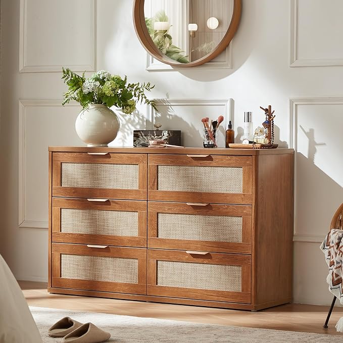 LEYAOYAO Rattan Dresser and Nightstand Set of 2, Boho Wood Dresser for Bedroom with 6 Drawers and Night Stand with Charging Station, Bedroom Furniture, Dressers & Chests of Drawers,Living Room,Hallway