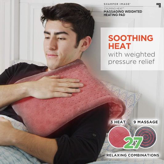 Calming Heat Massaging Weighted Heating Pad by Sharper Image- Electric Heating Pad with Massaging Vibrations, Auto-Off,12 Settings- 3 Heat, 9 Massage- 27 Relaxing Combinations, 12” x 24”, 4lbs