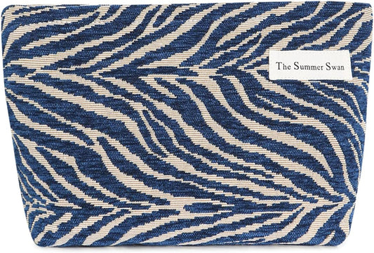 The Summer Swan | Large Aesthetic Floral Mid-day Clutch Period Kit Hygiene Skincare Cute Makeup Bag (Velvet Zebra Print Navy)