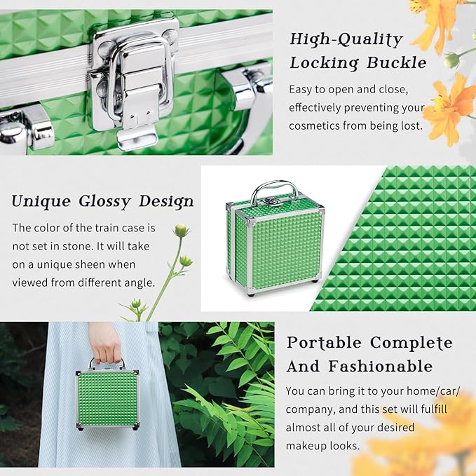 Color Nymph Beginner Makeup Kit For Teens With The Small Cosmetic Train Case Included 24-Colors Eyeshadow Palette Blushes Bronzer Highlighter Lipstick Brushes Mirror(Green)