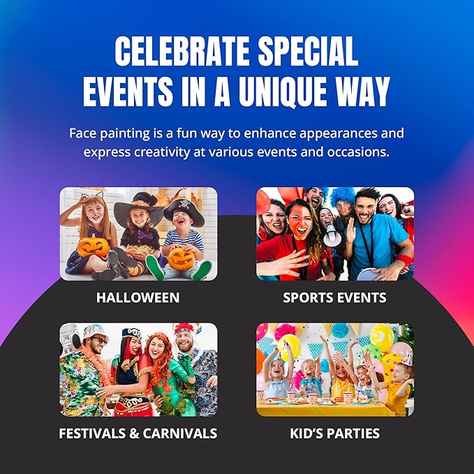 Professional Face Painting Palette - Skin Friendly Face Paint Kit - Cruelty-Free & Vegan Water Based Face Paint Makeup for Theatre, SFX & Halloween- 8 Colors 5g Each- Splashes & Spills- Regular Colors