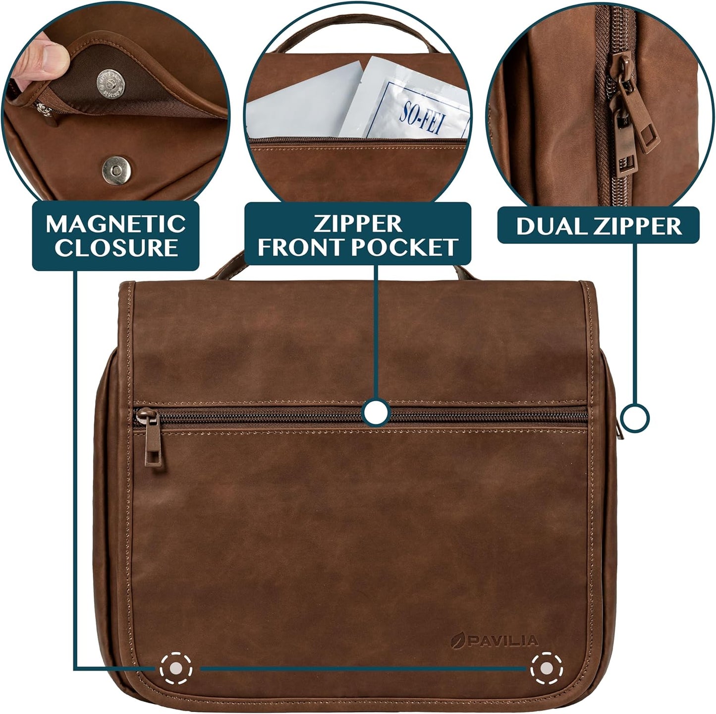 PAVILIA Hanging Toiletry Bag Women Men, Foldable Cosmetic Organizer Travel Bag, Water Resistant Makeup Bag Toiletries, Large Travel Essentials Kit (Dark Brown)