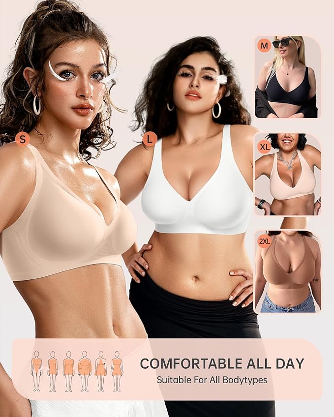 OEAK Womens Deep V Bras Wireless Comfortable Bra Supportive No Underwire Bras Tshirt Push Up Bralettes Plunge Seamless Bra