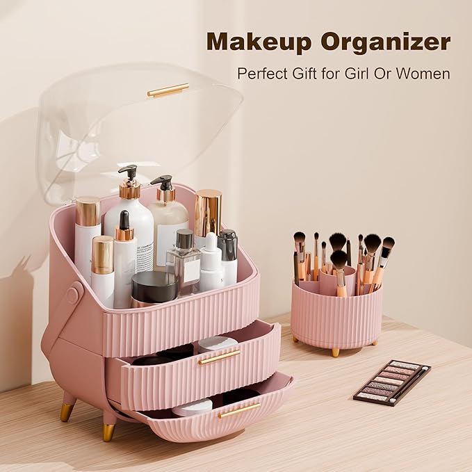 Makeup Organizers and Storage Make up Organizer for Vanity Cosmetics Skincare With Lid and Drawers Display Cases for Countertop Bathroom Women Teenager Girl Gifts(Pink+Brush Holder)
