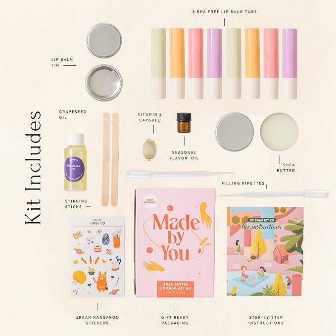 Shea Butter Lip Balm DIY Kit (Made in USA), Creates 10 Luxurious Lip Balms with EVERYTHING Included