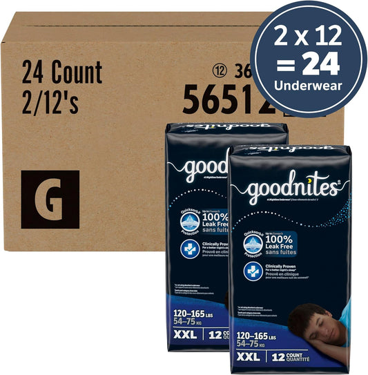 Goodnites Boys' Nighttime Underwear, Size XXL (120-165 lbs), 24 Ct (2 Packs of 12), Packaging May Vary