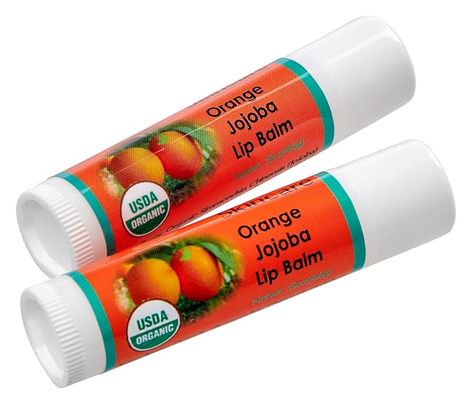 USDA Organic Orange Lip Balm 2 Pack - Over 70% Pure Organic Jojoba Oil, Organic Beeswax, Citrus Scent, Soothes and Softens Dry, Cracked, and Sensitive Lips, Natural Orange Scent No Taste 15 oz/4.6 g