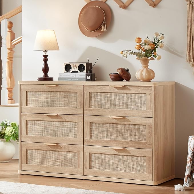 LEYAOYAO Rattan Dresser and Nightstand Sets 3 Piece, Boho Wood Dresser for Bedroom with 6 Drawers and Night Stand with Charging Station, Bedroom Furniture, Dressers & Chests of Drawers, Living Room