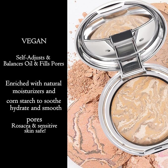 Marbleized Baked Foundation Makeup, Balance and Brighten Color Correcting Powder Foundation - Buildable Light to Medium Coverage - Demi-Matte Natural Finish (#002 LIGHT, 0.32 Oz)