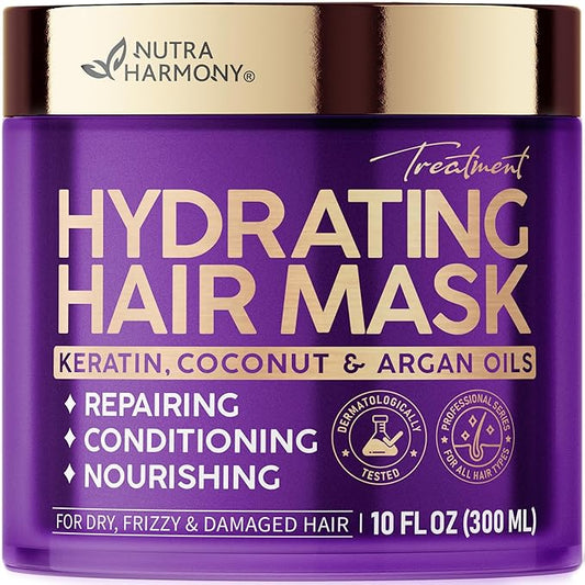 NUTRAHARMONY Hydrating Hair Mask for Dry, Frizzy & Damaged Hair – Deep Conditioning Keratin Treatment with Argan & Coconut Oils, Collagen & Biotin – Repairing, Anti-Frizz Hair Mask for Women, 10oz