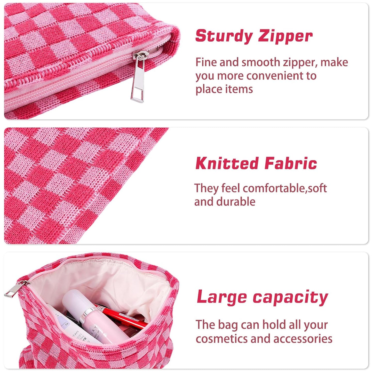 ZLFSRQ 2Pcs Makeup Bag Checkered Cosmetic Bag Set Travel Toiletry Bags for Purse Large Small Makeup Pouch for Women Cute Preppy Pencil Pouch Case Pink Zipper Skincare Bags