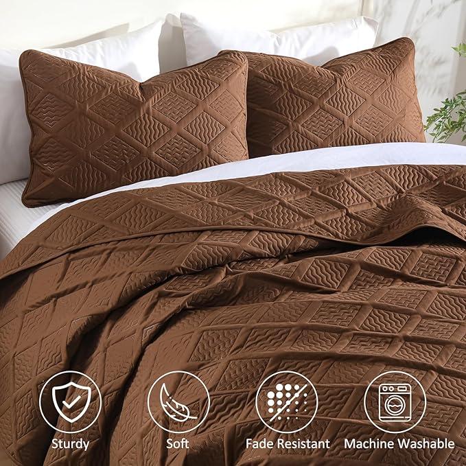 Yiran Brown Quilt Set Queen Size, 3 Piece Reversible Bedspreads Bedding Set, Winter Diamond Pattern Coverlet for All Season with 2 Pillow Shams (Full/Queen, 96x90 Inch)