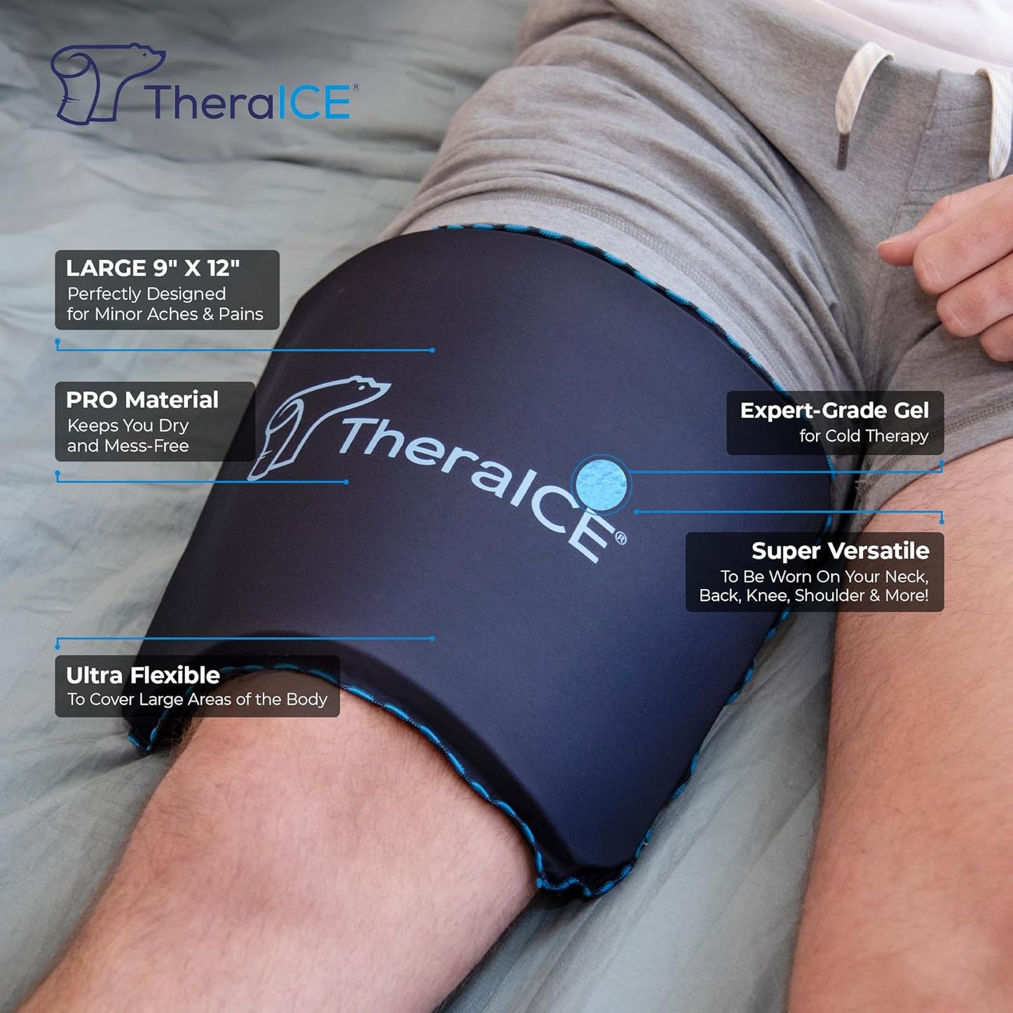 TheraICE PROpack Ice Pack for Injuries, Reusable Soft Multipurpose Cold Gel Ice Pack for Muscular Back Pain, Shoulder, Hip, Knee - Flexible Cold Compress Wrap for Minor Aches & Pains - 9 x 12