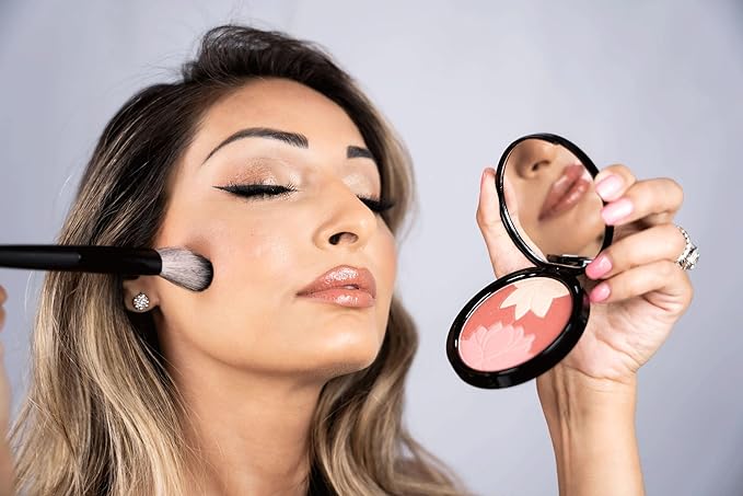 Manna Kadar Beauty - Blossom Floral Compact, Multi-functional Blush & Highlighter, 3 Shades of Pink, Coral, & Champagne for a Perfect Blend, Natural & Radiant, Use on Décolletage, Highly Pigmented