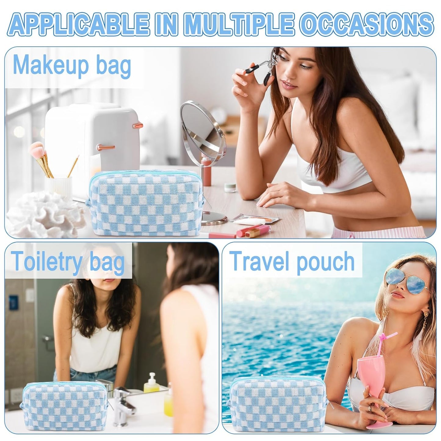 ZLFSRQ 6Pcs Checkered Pencil Case Cute Pencil Pouch for Teens Checkered Makeup Bag Blue Medium Travel Cosmetic Bag Makeup Pouch for Purse Aesthetic Trendy Zipper Toiletry Bags Organizer