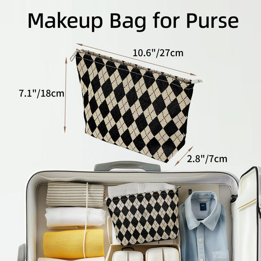 Rhombic Makeup Bag,Travel Makeup Bags for Purse, Small Makeup Pouch, Canvas Make Up Bag, Light Lining Zipper Close Comfortable Lightweight Makeup Bag, Small Cosmetic Bag, Toiletry Pouch