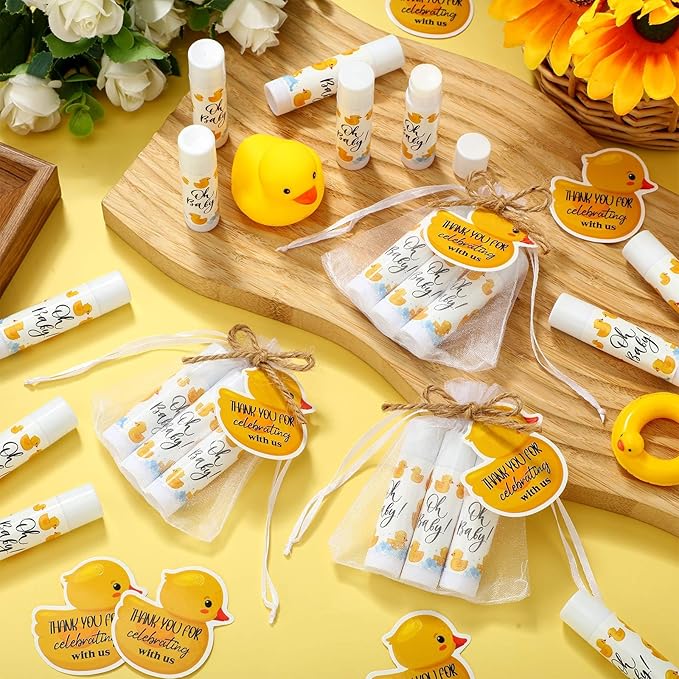 Demissle 50 Pcs Baby Shower Lip Balm Gift Set with 100 Pcs Organza Bags Baby Shower Party Favor for Guest Thank You Tag Rope Baby Shower Party Decoration Gender Reveal Souvenirs (Duck)