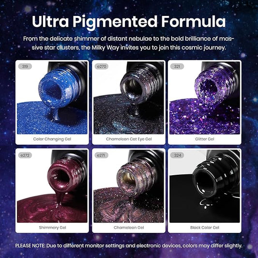 Beetles Cat Eye Gel Polish - Milky Way 6 Colors Gel Polish Set, Black Purple Blue Temperature Changing Glitter Nails, Halloween Galaxy Nails Kit with Magnet Stick Soak Off Uv Lamp Gel
