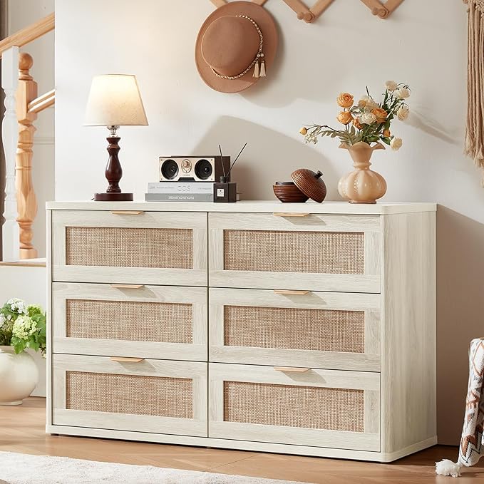 LEYAOYAO Rattan Dresser and Nightstand Sets 3 Piece, Boho Wood Dresser for Bedroom with 6 Drawers and Night Stand with 3 Drawer, Bedroom Furniture, Dressers & Chests of Drawers, Living Room, Hallway