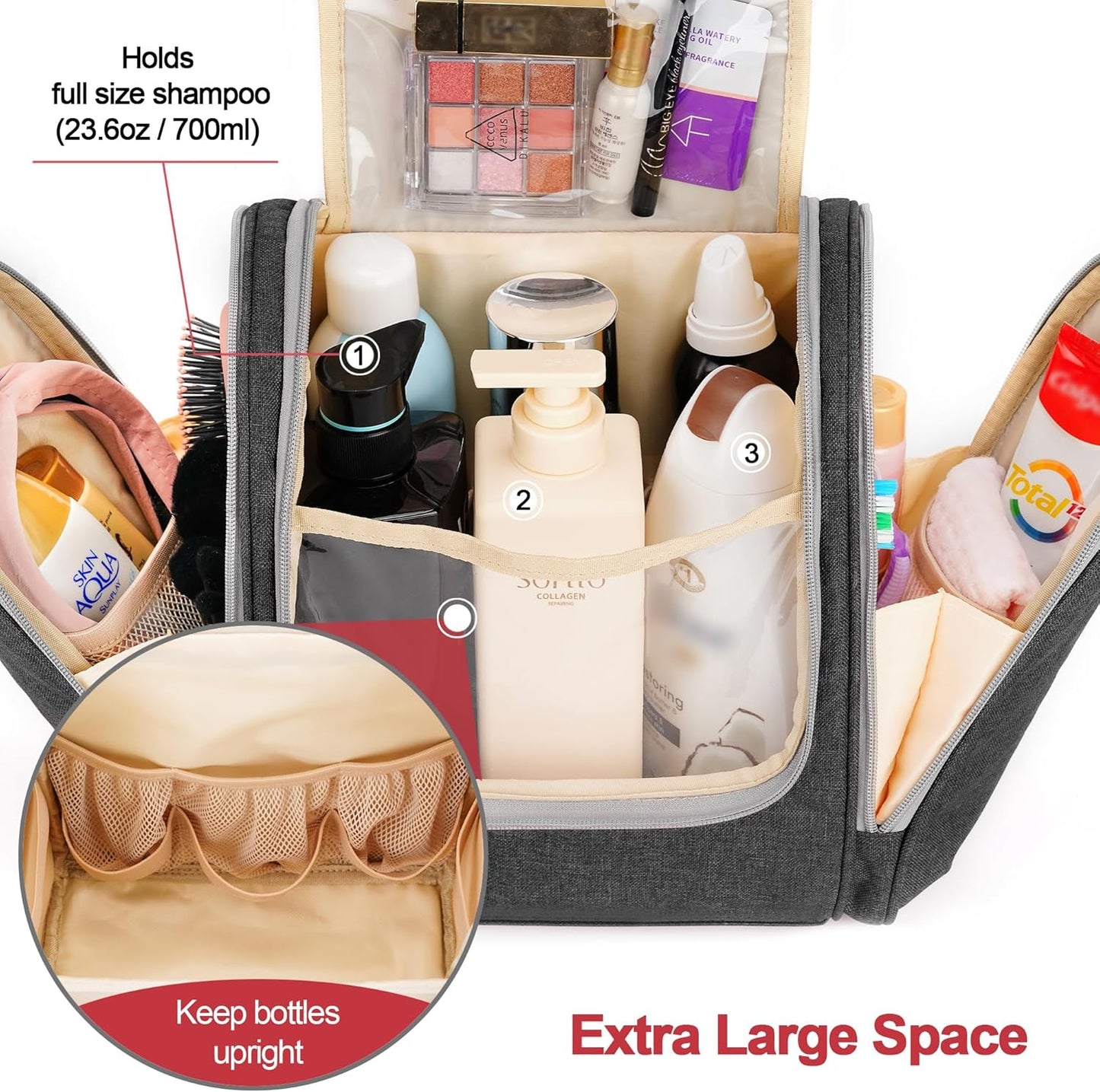 Hanging Toiletry Bag for Women & Men, Cruise Ship Travel Essentials, Holds Full Size Shampoo, with Dry and Wet Separation Cosmetic Bag, Makeup Organizer Bag, Bathroom Water-resistant Bag, Grey