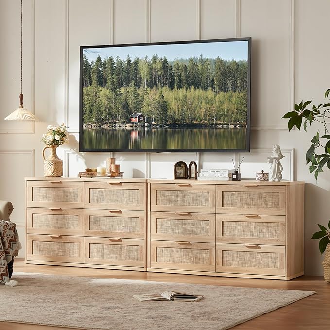 LEYAOYAO Rattan Dresser and Nightstand Set of 2, Boho Wood Dresser for Bedroom with 6 Drawers and Night Stand with Charging Station, Bedroom Furniture, Dressers & Chests of Drawers,Living Room,Hallway