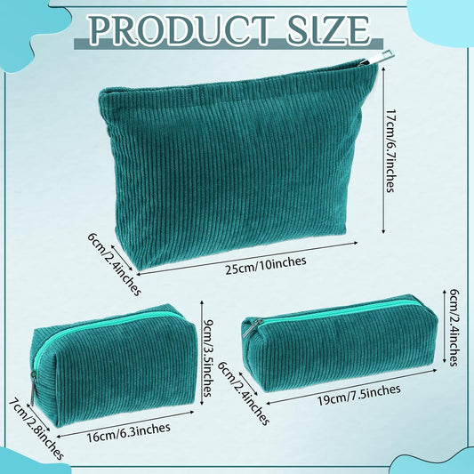 3 Pcs Makeup Bag Set for Women Corduroy Cosmetic Pouch Aesthetic Smile Travel Toiletry Bag Cute Purse Pouch Pencil Case Makeup Brushes Storage Organizer for Christmas(Dark Green,Solid Style)