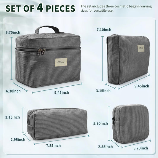 4 Pcs Makeup Bag for Women Corduroy Cosmetic Bag Aesthetic Cute Bags Multi Size Purse Pouch Travel Toiletry Bag Set Makeup Organizer with Zipper (08-Gray)