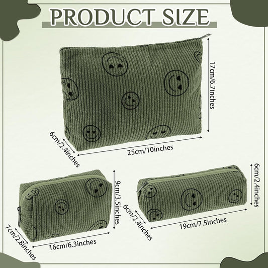 3 Pcs Makeup Bag Set for Women Corduroy Cosmetic Pouch Aesthetic Smile Travel Toiletry Bag Cute Purse Pouch Pencil Case Makeup Brushes Storage Organizer for Christmas(Army Green,Smile Face)
