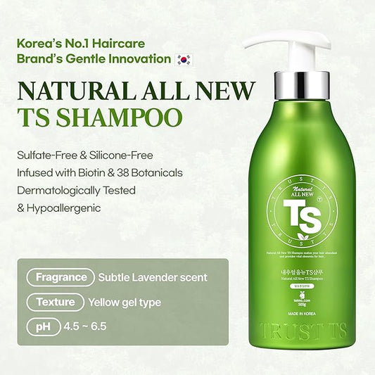 TS Natural All New TS Shampoo | Korean Shampoo for Sensitive Scalp | Hair & Scalp Care with Salicylic Acid and Natural Ingredients | Sulfate-Free Dandruff & Itchy Scalp Relief (16.9 Fl Oz / 500mL)
