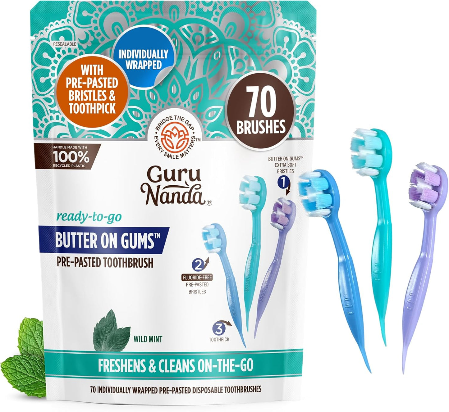 GuruNanda Ready-to-Go Disposable Mini Travel Toothbrushes - Butter on Gums Softex Bristles, Pre-Pasted Toothbrush & Toothpick - Fluoride-Free, No Rinsing Needed, 70 Ct