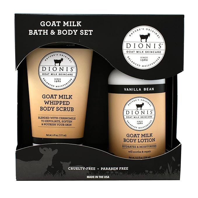 Dionis - Goat Milk Skincare Vanilla Bean Scented Sugar Scrub & Lotion Set (6 oz and 8.5 oz) - Made in the USA - Cruelty-free and Paraben-free