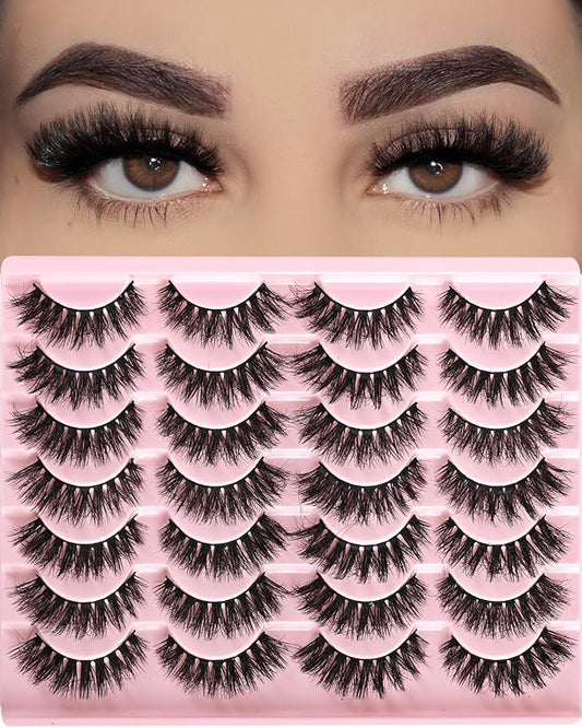 FARRED Wispy Lashes Hybrid Mink Eyelashes 14 Pairs Short Cat Eye Natural Fluffy False Eyelashes Faux Mink Strip Eye Lashes Pack for Daily Makeup (F18 | 8-14 mm)