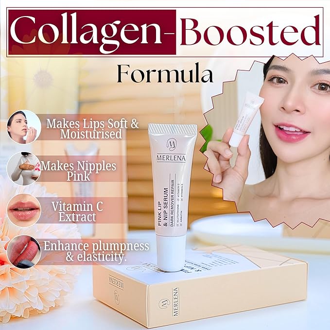 Merlena Pink Lip & Nip Serum - Hydrates and Repairs Dry, Peeling Lips and Nipples, Adds Collagen for Plumpness, Soothes Flaky Skin, Organic Vitamin C & E Formula 8ml