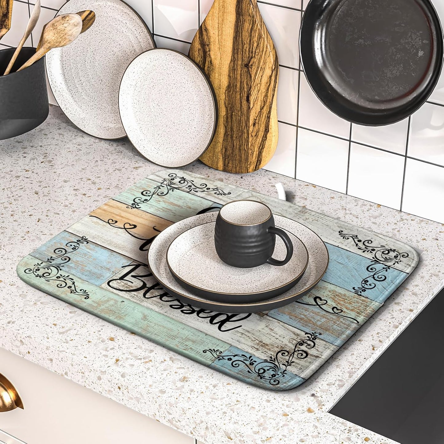 Rustic Wood Dish Drying Mat 16x18 Inch Grateful Thankful Blessed Kitchen Drainer Mats Absorbent Microfiber Rack Holder Countertop Pad