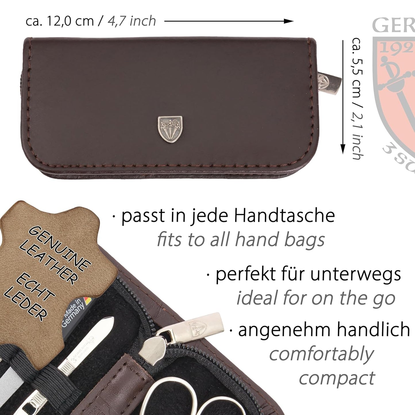 3 Swords Germany - brand quality 5 piece manicure pedicure grooming kit set for professional finger & toe nail care scissors clipper genuine leather brown case in gift box, Made in Germany