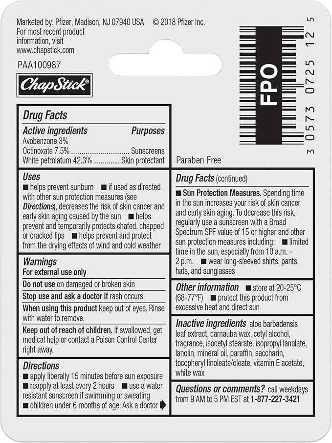 ChapStick Moisturizer Original Lip Balm Tubes, SPF 15 and Skin Protectant - 0.15 Oz (Pack of 12)