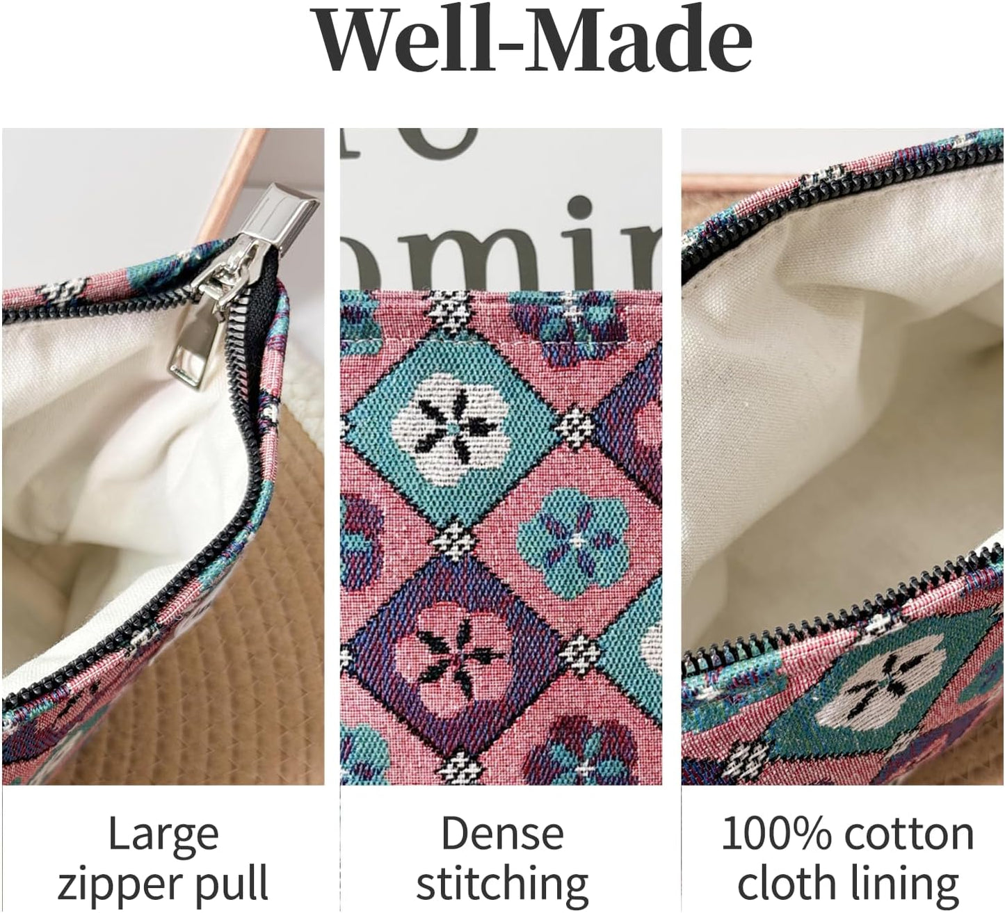 Diamond-shaped Flower Makeup Bag for Women, Canvas Cosmetic Bag with Zipper Lining, Travel Makeup Pouch for Purse, Small Pouch for Toiletry, Cosmetic, Sunscreen, Hygiene, Skincare, Medicine, Sunblock