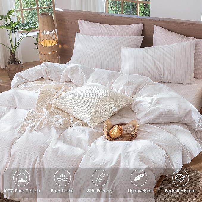 MooMee Striped Duvet Cover Set 100% Washed Cotton Linen Like Textured Breathable Durable Soft Comfy (White Heathered Greyish Pink Wide Stripes, Cal King 104"x98")