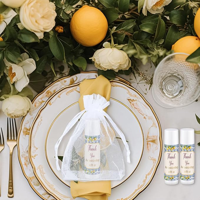 Demissle 50 Pcs Baby Shower Lip Balm Gift Set with 100 Pcs Organza Bags Baby Shower Party Favor for Guest Thank You Tag Rope Baby Shower Party Decoration Gender Reveal Souvenirs (Lemon)