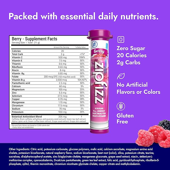 Zipfizz Daily Energy Drink Powder, Berry, 20 Pack | 3-in-1 Sustained Energy, Rapid Hydration, and Essential Vitamins | Sugar-Free | Electrolyte Powder | Contains Vitamin B-12 & Antioxidants
