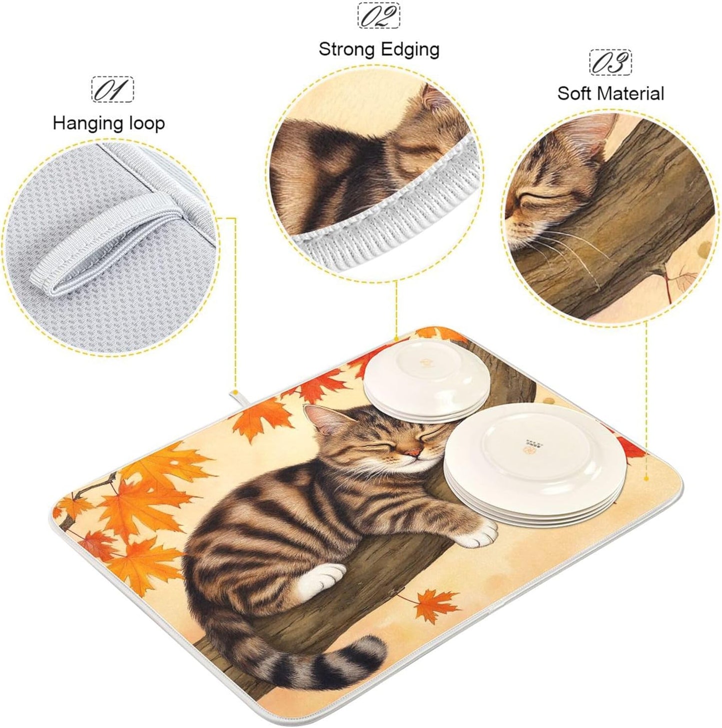Fall Cats Dish Drying Mat for Kitchen Countertop 18x24 Autumn Maple Leaves Kitty Thanksgiving Day Large Drying Mat Reusable Quick Dry Dish Sink Mats Easy Clean Decorative Essentials