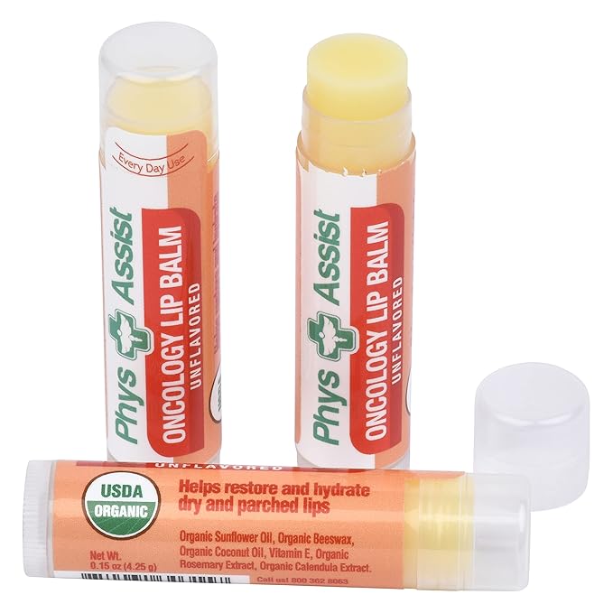 PhysAssist Oncology Lip Balm USDA Organic Unflavored Moisturize, Hydrate & Protect Dry parched lips during Chemo or Radio USDA Organic. 3 Pack
