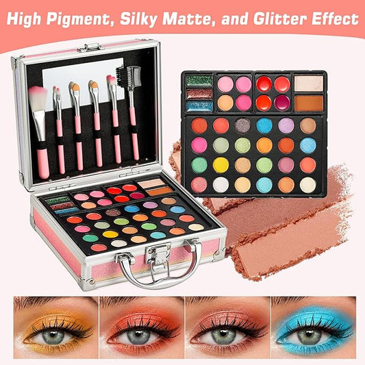 Anpro All-In-One Makeup Carry Case with Pro Teen Makeup Set, Full Starter Cosmetics Kit with Makeup Brushes, Eye Shadows Palette, Blushes, Glitter Gel, Temporary Tattoo Stickers - Colorful